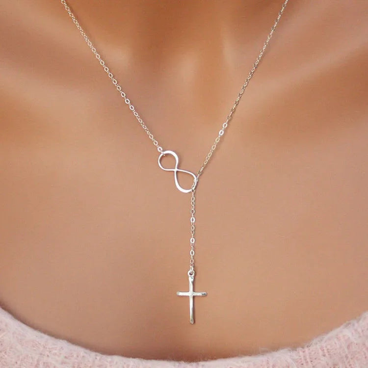 Faith love Forever Mother and Daughter 925 Sterling Silver Infinity Cross Lariat Necklace