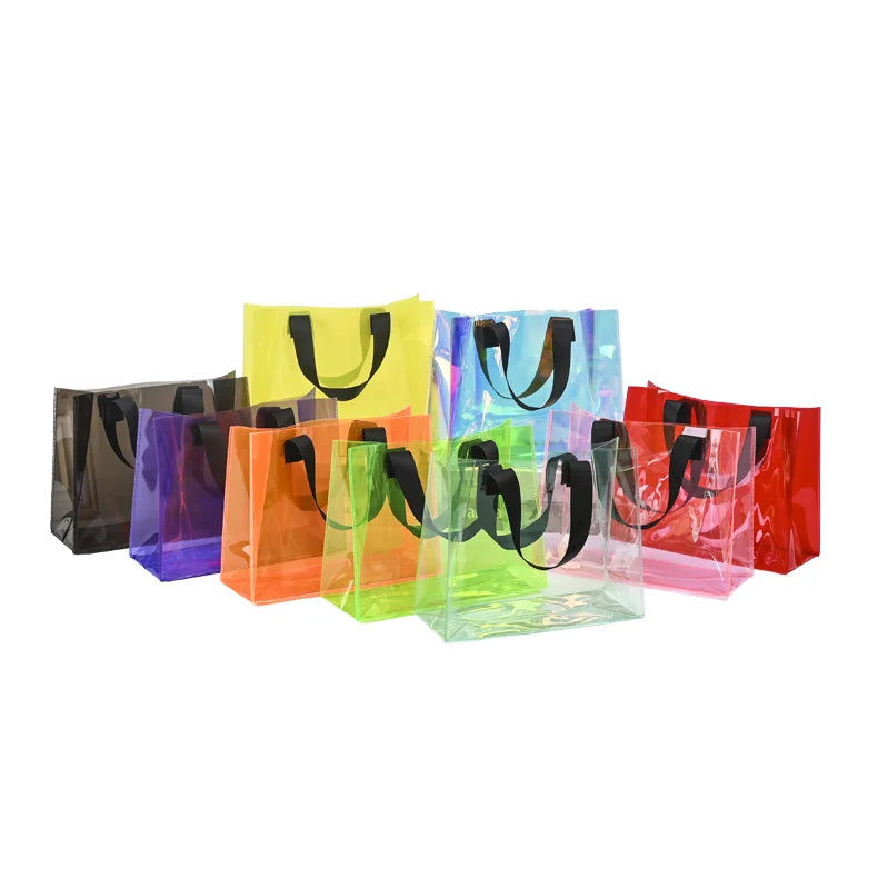 Custom Logo PVC Shopping Tote Bag Reusable Clear Transparent Jelly Orange Yellow Candy Color Letter Pattern Type Ribbon Rope MegaBDM
