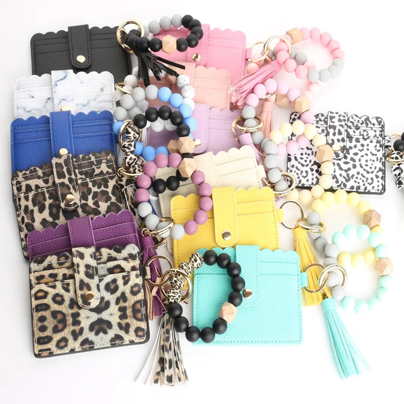 2025 New Design Card Holder Silicone Beads Bangle Multi Colors Bracelet Keychain Tassel Card Clips Keychain
