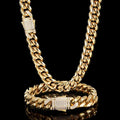 5A Cubic Zircon Spring Clasp Miami Cuban Link Chain 18k Gold Plated Stainless Steel Cuban Chain Necklace for Men Women