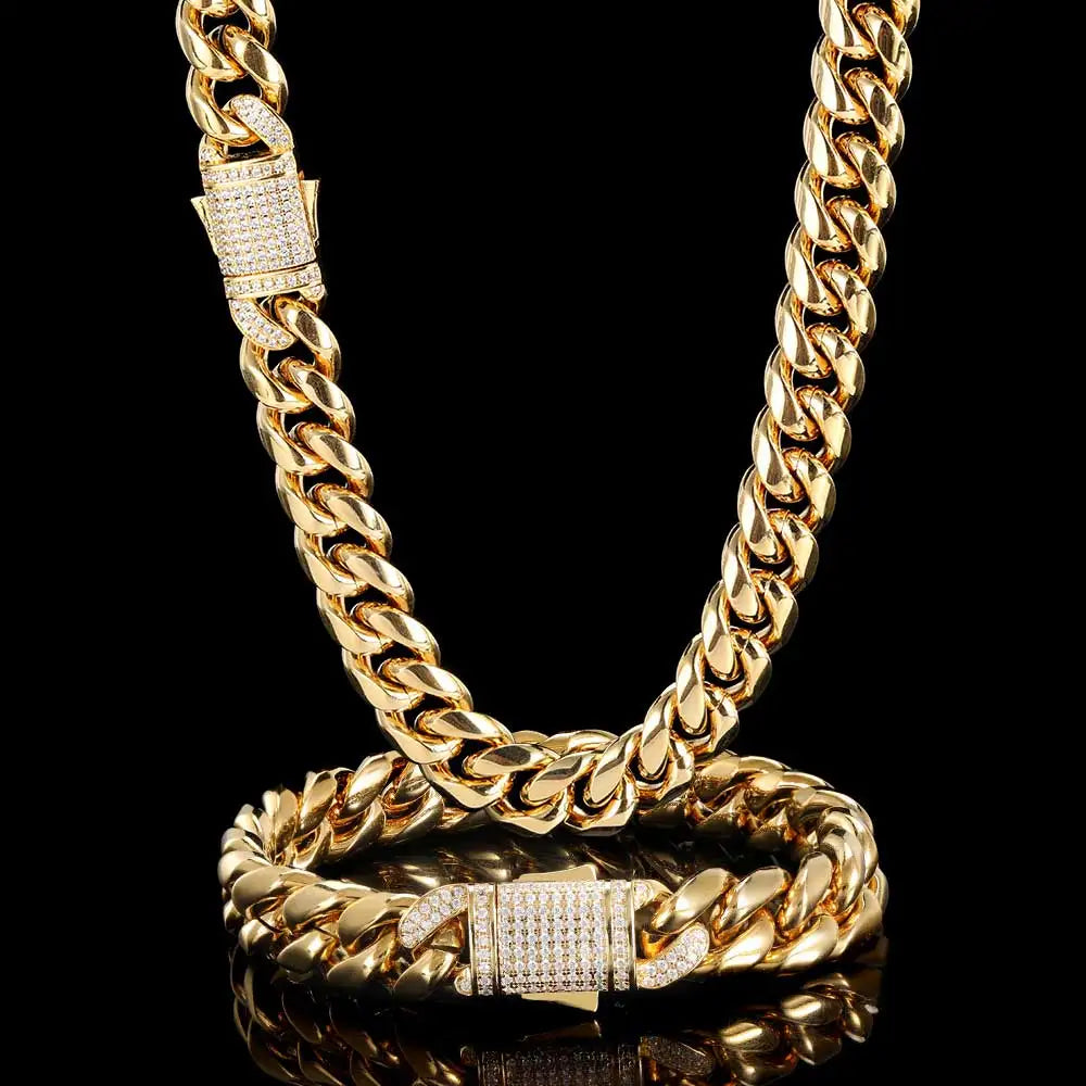 5A Cubic Zircon Spring Clasp Miami Cuban Link Chain 18k Gold Plated Stainless Steel Cuban Chain Necklace for Men Women