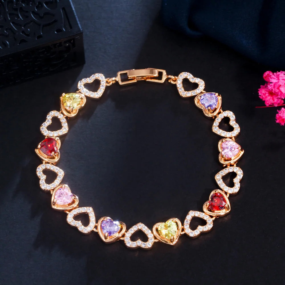 Love Heart Shape Multicolor Cubic Zirconia Tennis Chain Bracelet for Women Cute Romantic Gold Plated Party Jewelry Gift