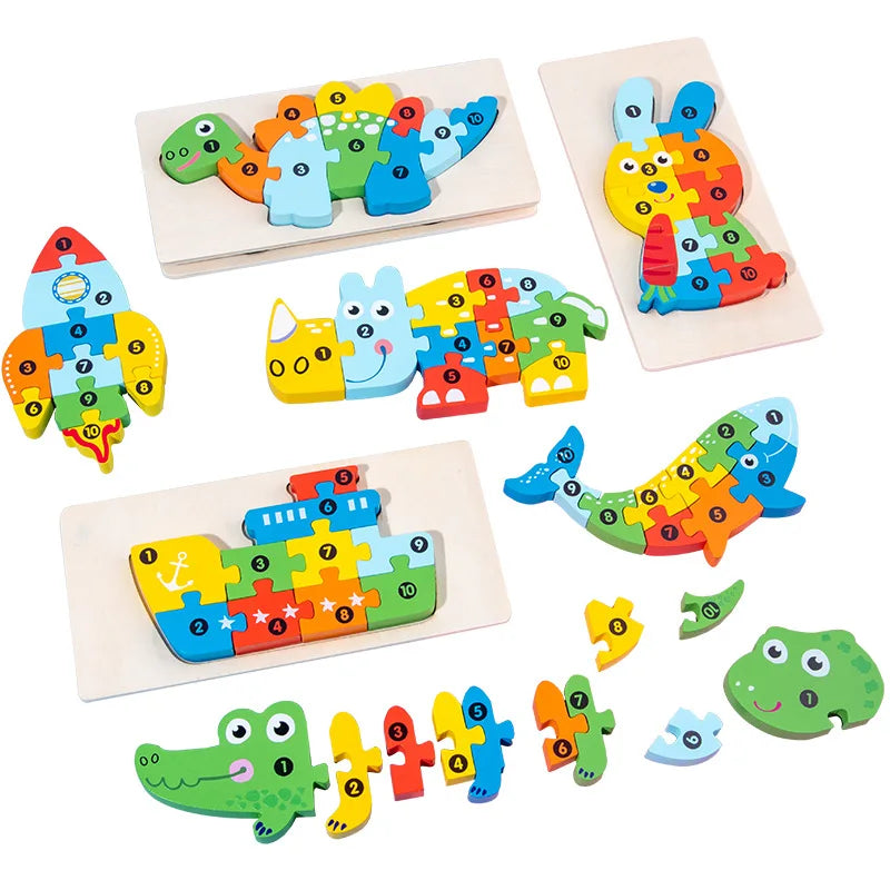 Children's Cartoon Animal Transportation Jigsaw Puzzle Wooden Alien Dinosaur Number Learning Toy for Early Education