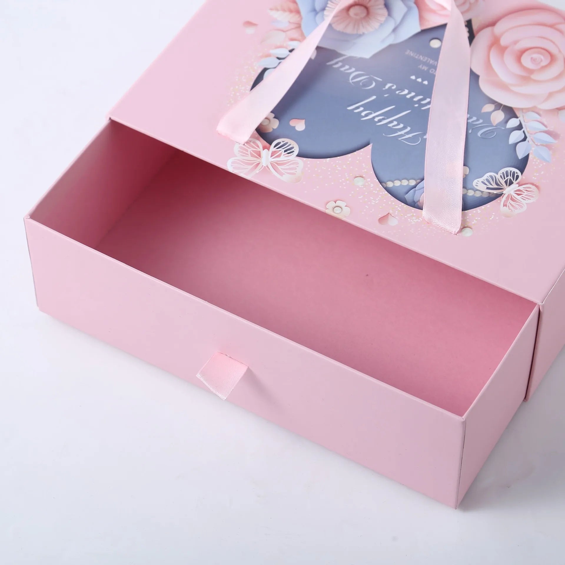Valentine's Day Kraft Paper Sliding Drawer Gift Boxes Pink with Ribbon Handle Silk Screen Printed for Facial Cleanser Packaging