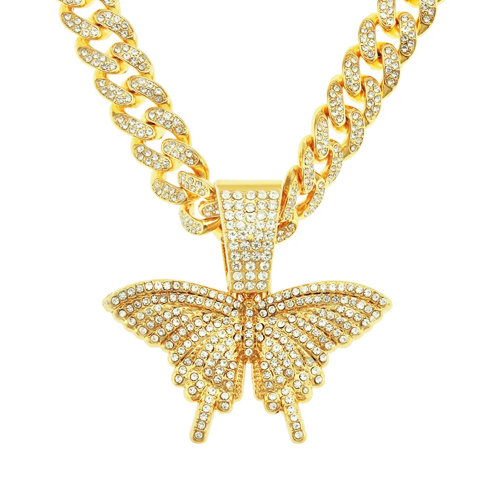 Men Women Iced Out Bling Big Butterfly Pendant Necklace With 13mm Miami Cuban Chain HipHop Necklaces Fashion Charm Jewelry