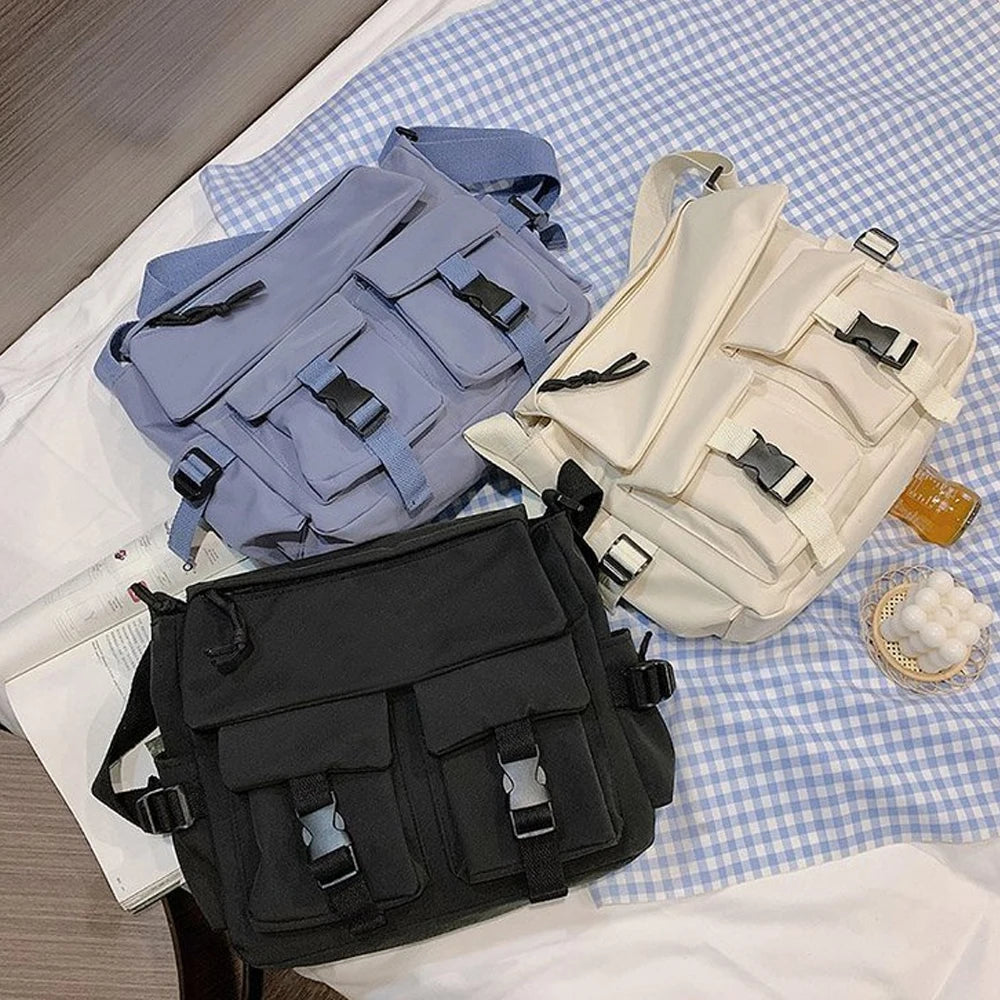 Good Awesome Stylish Blue Medium Woman Cloth Fabric Away Business Zipper Messenger Bag with Zip Strap