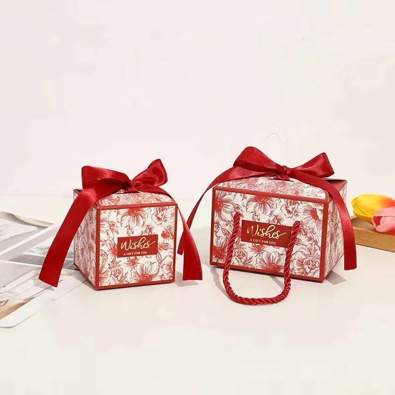 Hot Sale Portable Paper Candy Box With Ribbon Tie for Wedding Party