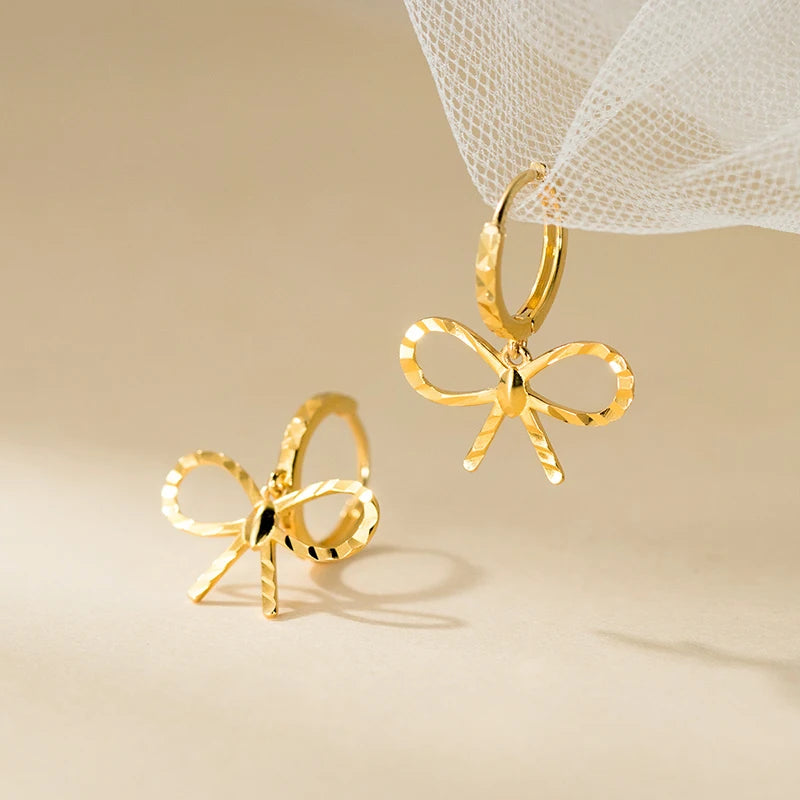 925 Sterling Silver Elegant Delicate Bow Drop Hoop for Women Fashion Simple Romantic Ribbon Accessories for Weddings Parties