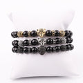 New Design Micro CZ Pave Animal Leopard Charm Natural Black Agate Elastic Beads Bracelet Men JBS12025