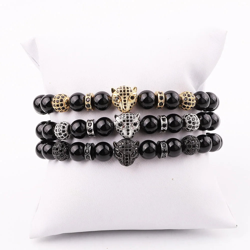New Design Micro CZ Pave Animal Leopard Charm Natural Black Agate Elastic Beads Bracelet Men JBS12025