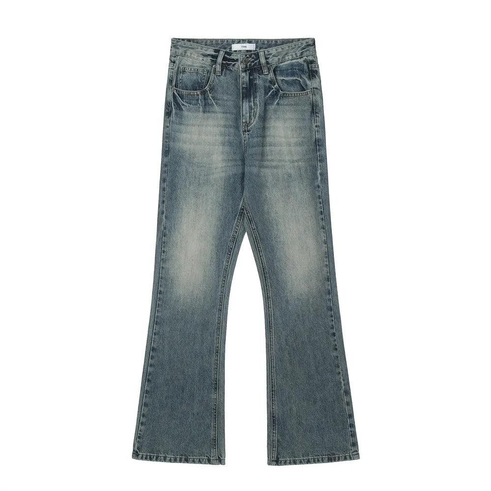 Men's Fashion Design Washed Denim Trousers for Men Blue Retro Cowboy Stacked Flare Autumn Jeans