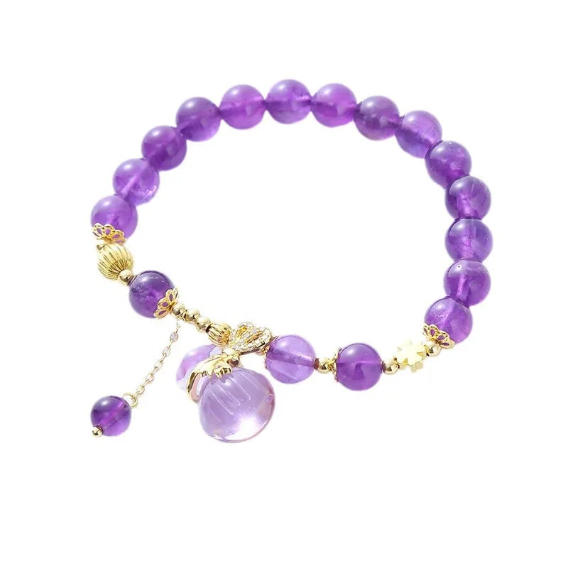 Trendy Amethyst Crystal Bead Bracelet with Gold Plated Money Bag Pendant Rose Gold Bangles for Women's Party or Gift