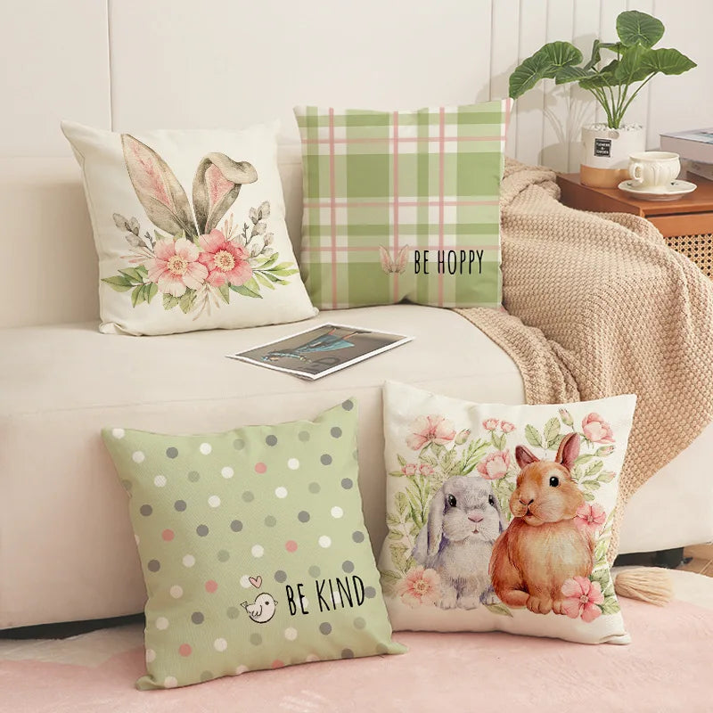 Cuddly Easter Pillowcase Flower Rabbit Printed Easter Pillow Cover Home Decoration Linen Easter Throw Pillow Covers