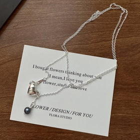 Fashion Women Sweater Chain Necklaces 925 Sterling Silver Heart Shape Tear Drop Pearl Lariat Necklaces for Women