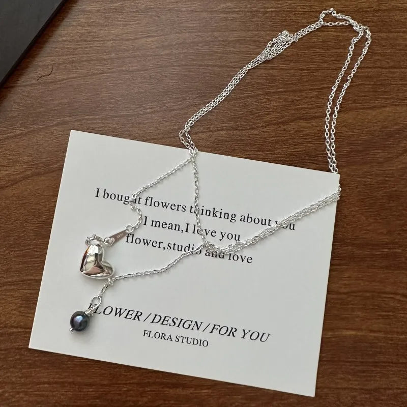 Fashion Women Sweater Chain Necklaces 925 Sterling Silver Heart Shape Tear Drop Pearl Lariat Necklaces for Women