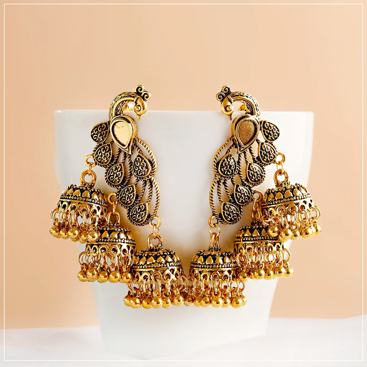 Retro Bollywood Oxidized Gypsy Jewelry Women Gold Silver Afghan Birdcage Long Chain Tassel Peacock Carved Jhumka Indian Earrings
