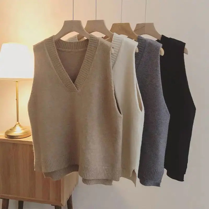 Spring and Autumn Loose Knit Pullover Vest Women Solid Color Waistcoat V-neck Fashion Bottom Sweater Vest for Women