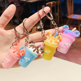 Candy Color Liquid Ice Cream Cup Boba Milk Tea Keychain Cute Pvc Soft Silicone Rubber Milk Tea Doughnut Bubble Tea Keychain