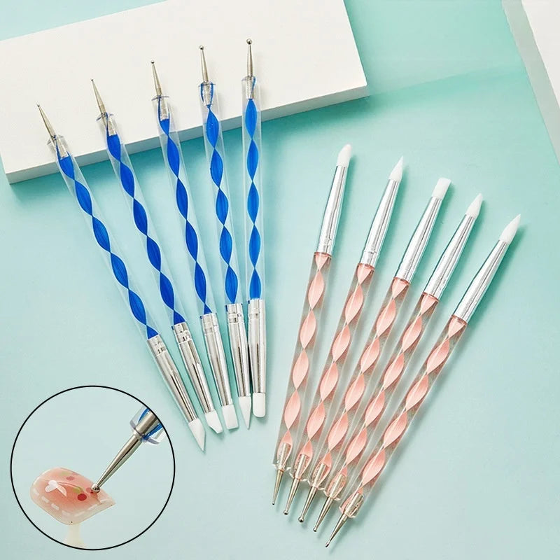 5pcs Set Nail Art Double-Head Silicone Dotting Pen Creasing Pen Soft Clay Dot Pen Nail Art Tools