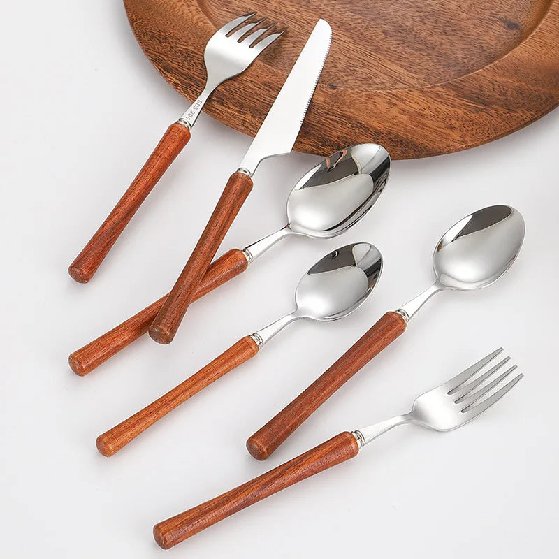 18/8 Stainless Steel Fork Knife Spoon Stainless Steel Wooden Cutlery Set