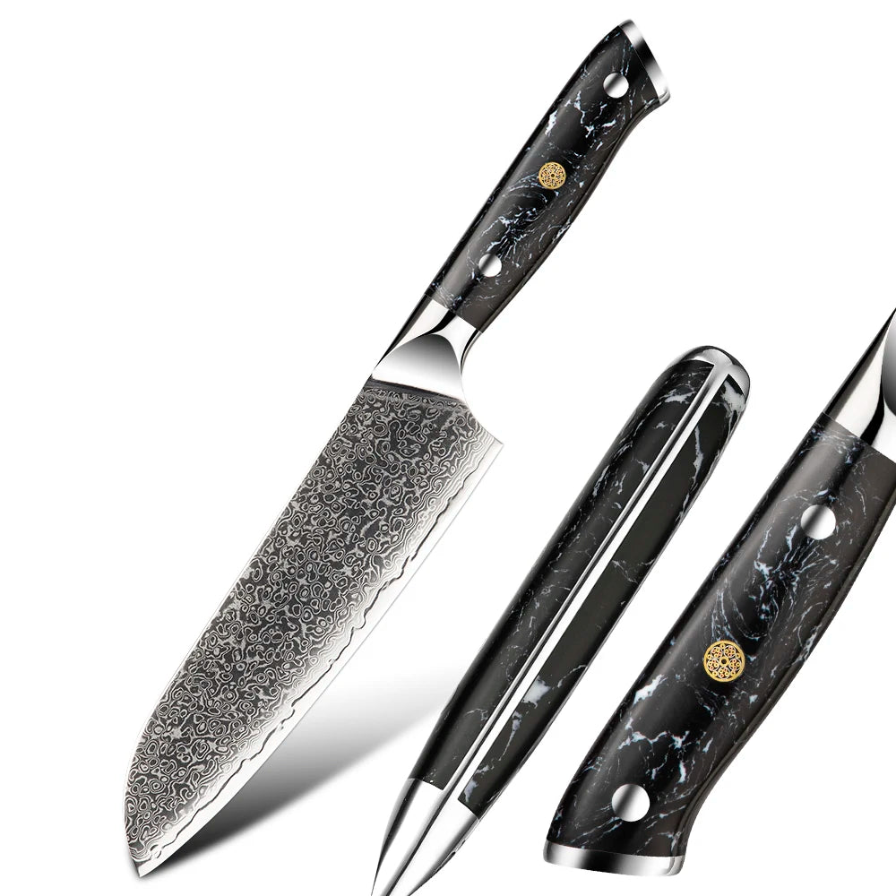 Amber Black Stone Handle Professional Japanese 67-Layer Damascus Steel 60-62HRC Eco-Friendly Santoku Chef Knife MegaBDM