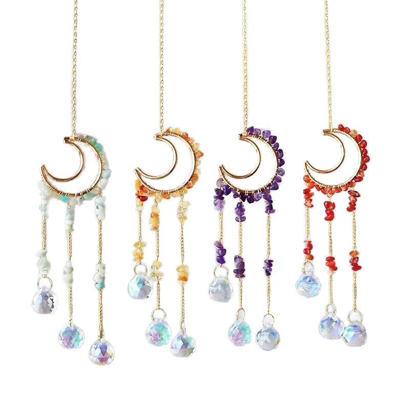 Natural Crystal Sun Catcher Hand Wrapped Crystal Chips Moon Wind Chime for Decor