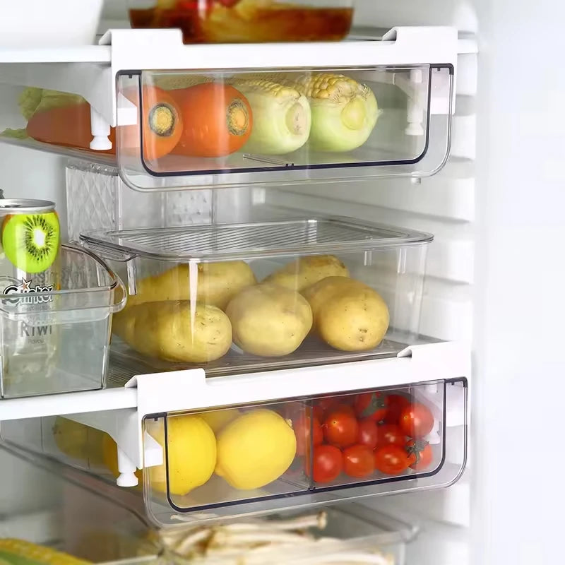OWNSWING Refrigerator Plastic Fridge Drawer Organizer Bins Pull Out with Handle Fridge Shelf Holder Storage Box clear Organizer