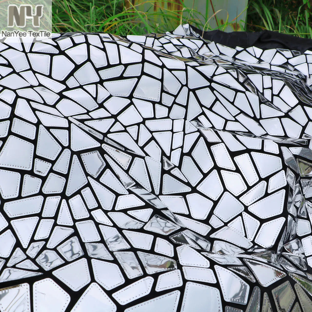 Nanyee Textile Big Special Shaped Glossy Mirror Silver Sequin Velvet Fabric for Stage Costumes