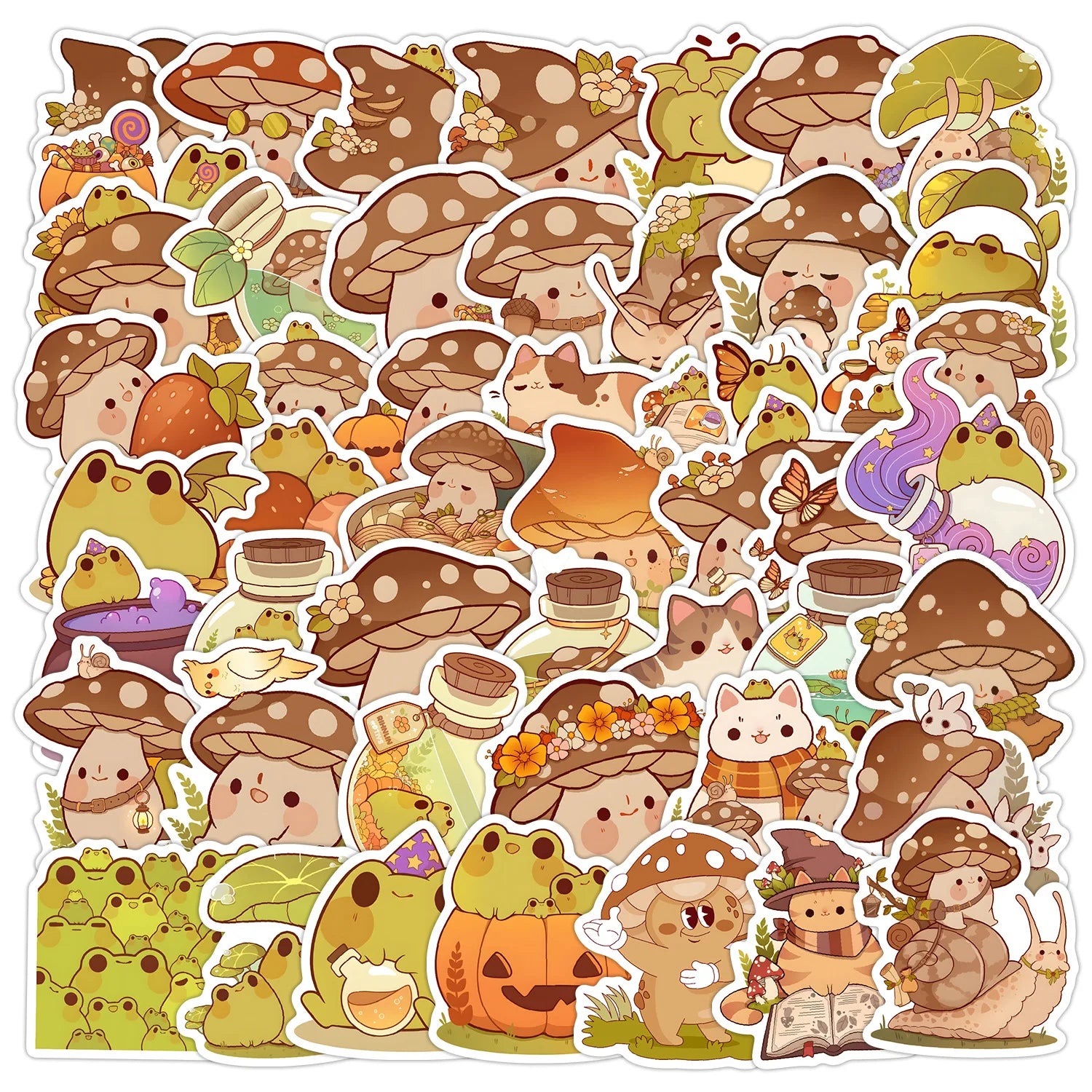 50Pcs Cartoon Mushroom and Frog Graffiti Stickers for Children Wall Bottle Decor Cute Picture Book Sticker