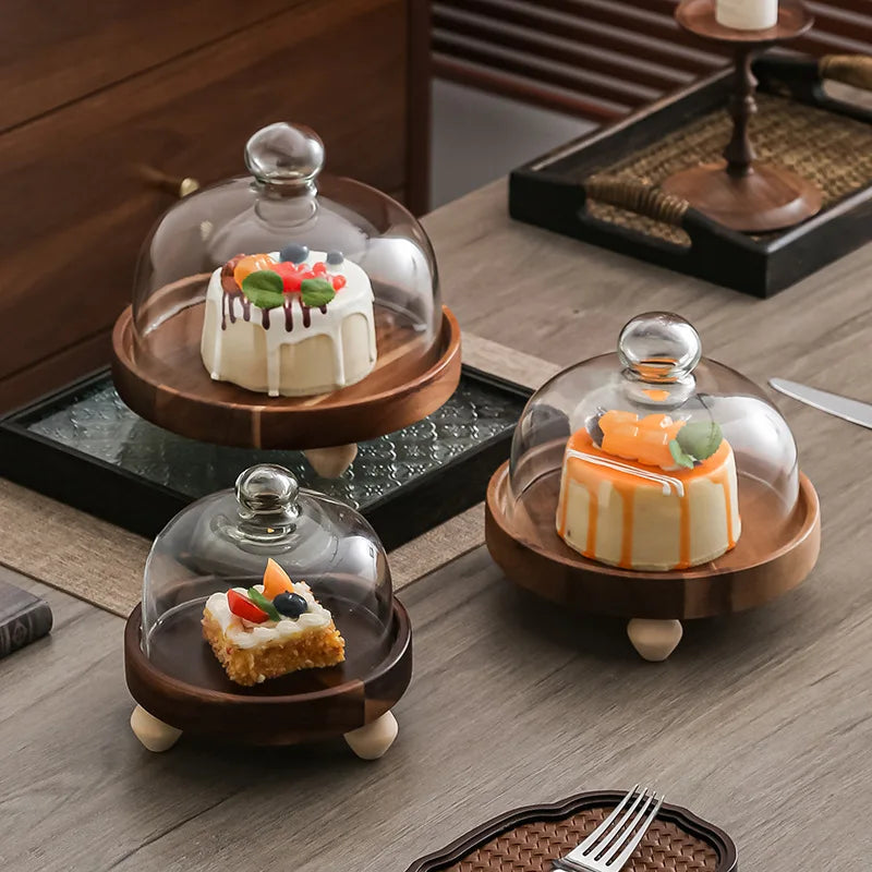 Acacia Wood High-foot Plate Eco-Friendly Cake Dessert Fruit Bread Display Dome with Dustproof Glass Cover for Hotel Restaurant