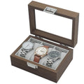 Natural Wood Grain 3 Grid Watch Case Organizer With Transparent Glass Lid Dark Coffee Velvet Lining Premium Gold Metal Hinge