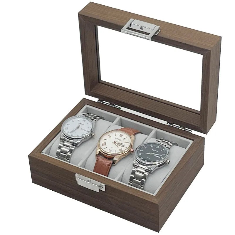 Natural Wood Grain 3 Grid Watch Case Organizer With Transparent Glass Lid Dark Coffee Velvet Lining Premium Gold Metal Hinge