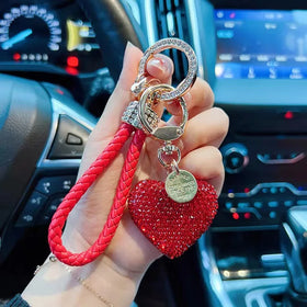 American Hot Selling Clay Rhinestone Car Keychain Fashion Full Diamond Crystal Heart Shape Schoolbag Car Key Keyhain
