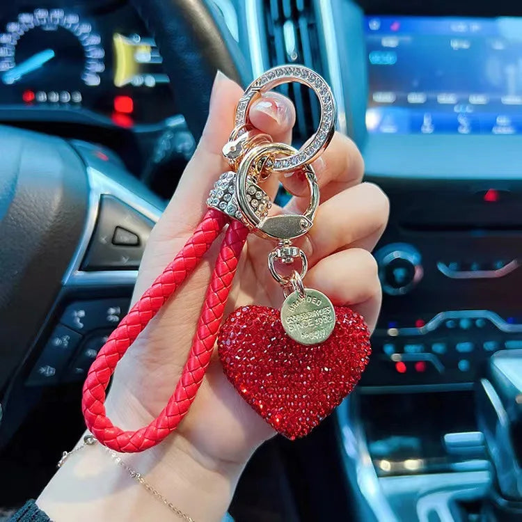 American Hot Selling Clay Rhinestone Car Keychain Fashion Full Diamond Crystal Heart Shape Schoolbag Car Key Keyhain