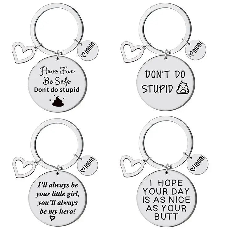 Fashionable Stainless Steel Round Card Keychain with Engraved Characters Popular Jewelry for Mother's Day Metal Material