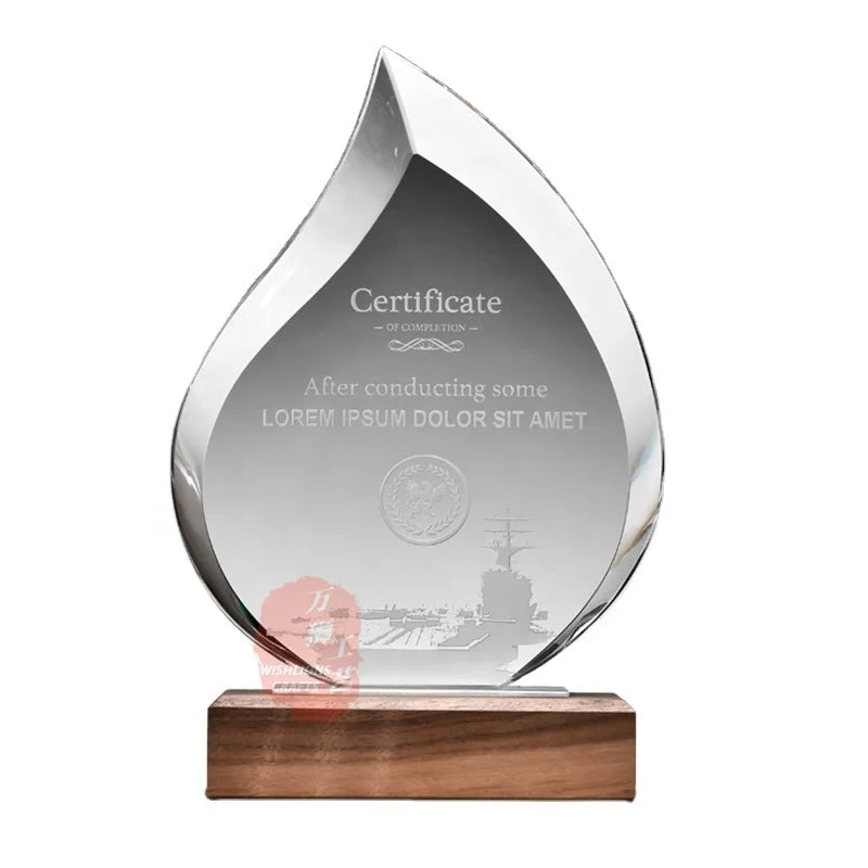 Hot Sales Water Drop Shape Trophy Crystal and Wood Glass Trophy With Wooden Base WTR-31