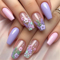 24 Pcs/set Acrylic 3722 Charming Floral Nail Art with Lavender Accents Short Ballet French Press on Nails Artificial Fingernails