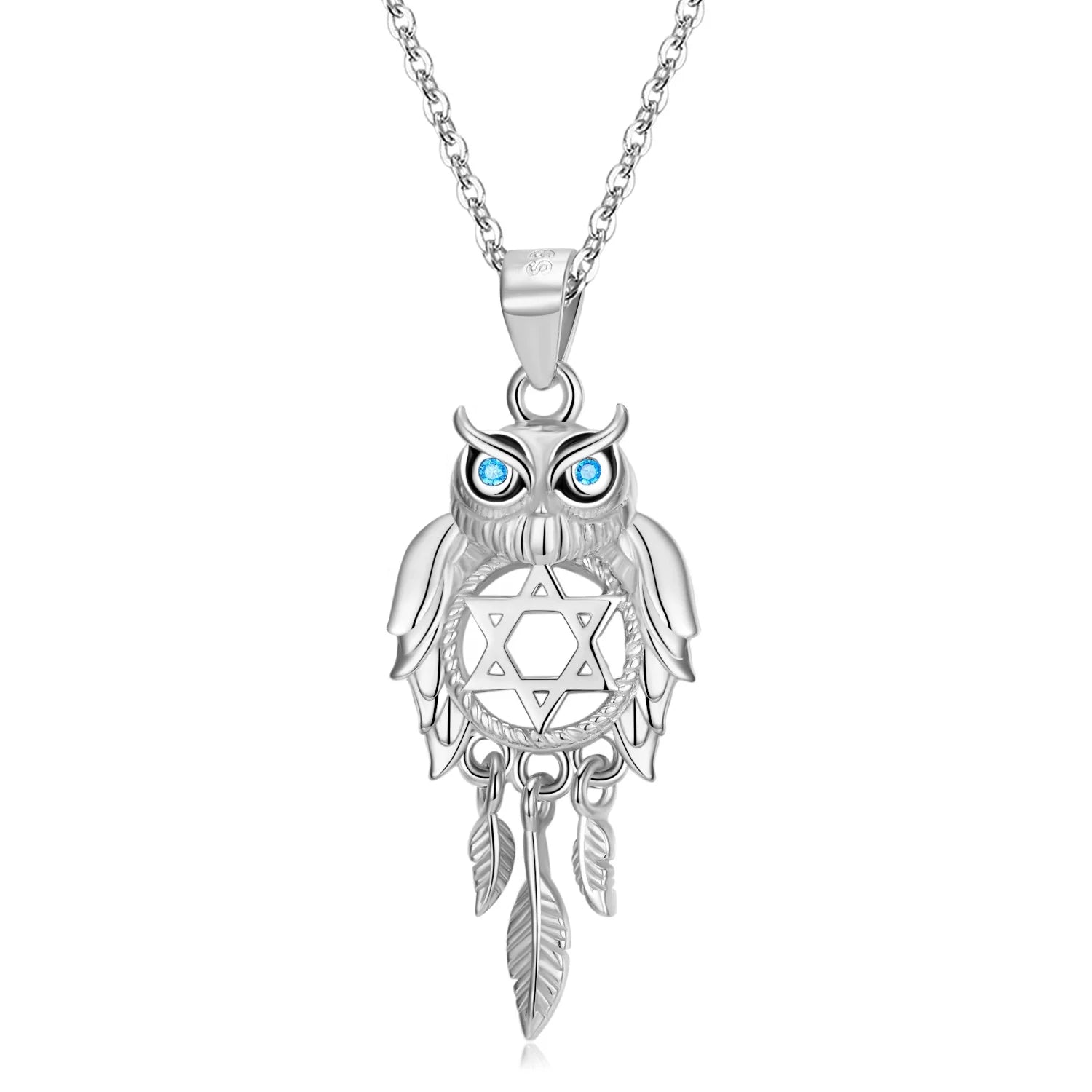 Owl Hollow Dream Catcher with Blue Zircon Pendant Authentic 925 Sterling Silver Necklace for Women Jewelry Making Wholesale