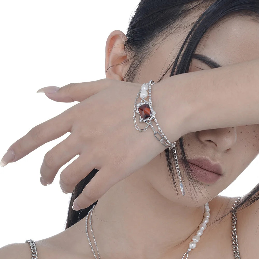 Exquisite Avante Garde Pearl Bracelet Multi Chain Futuristic Ruby Heavy 925 Sterling Silver Bracelet