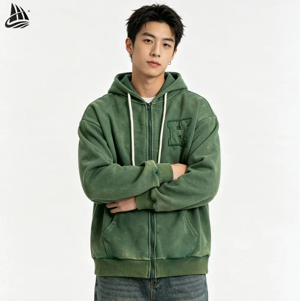 Custom Patch logo Zipper up Oversized Distressed Wahs Hoodie for Man