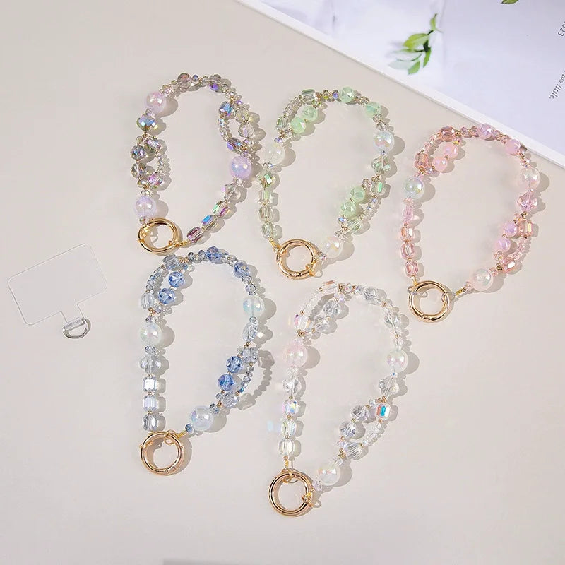 Creative Crystal Hand Beaded Bracelet with Short Wrist Pendant Lanyard Mobile Phone Strap
