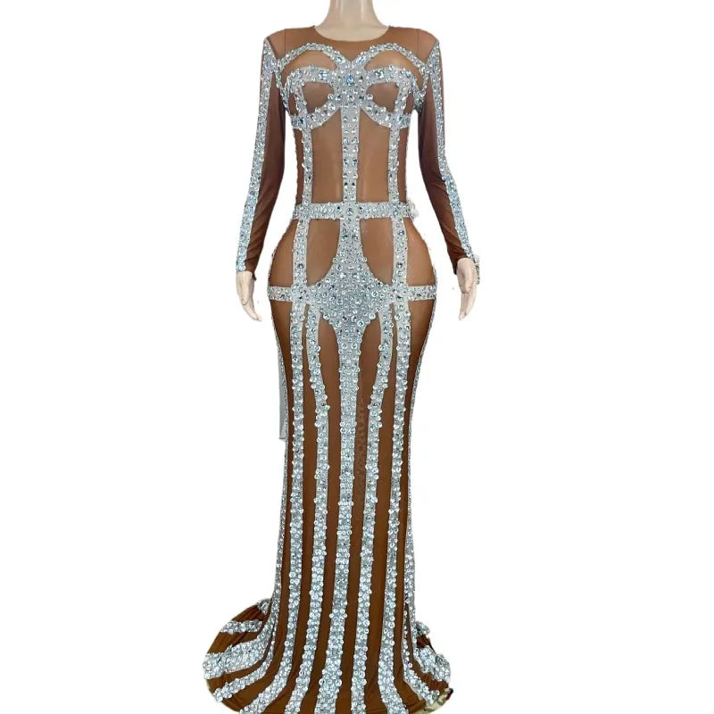 Sexy See Through Crystal Rhinestone Wedding Guest Ball Dinner Gown Mermaid Birthday Prom Long Dress Women Banquet Evening Dress