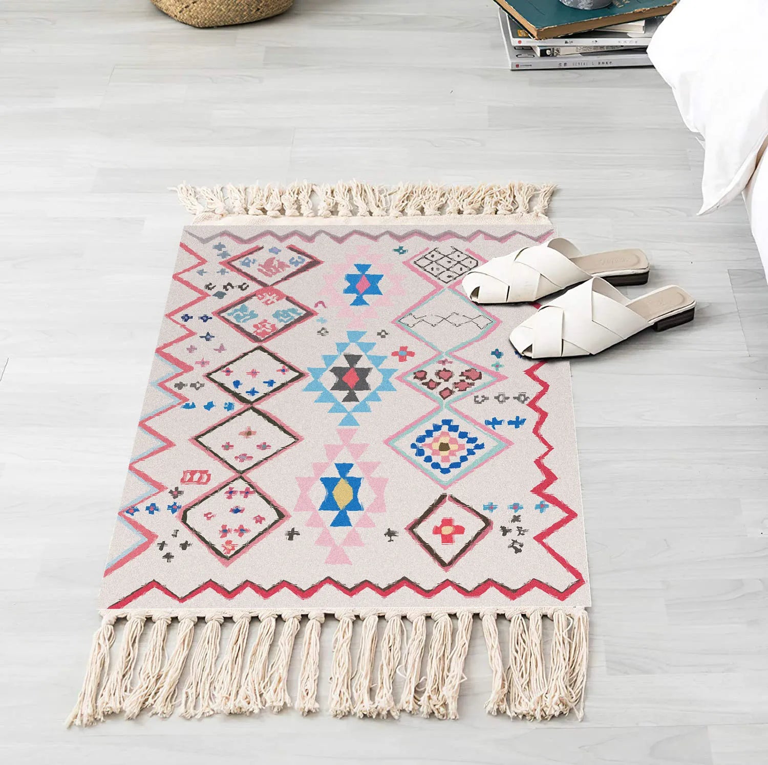 Moroccan Style Handmade Bohemian Area Rug With Tassel Woven Rugs Bedroom Carpets