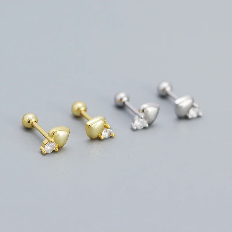 White Cubic Zirconia Jewelry 18K Gold Fine 925 Sterling Silver Heart Screw Back Mini Stud Earrings