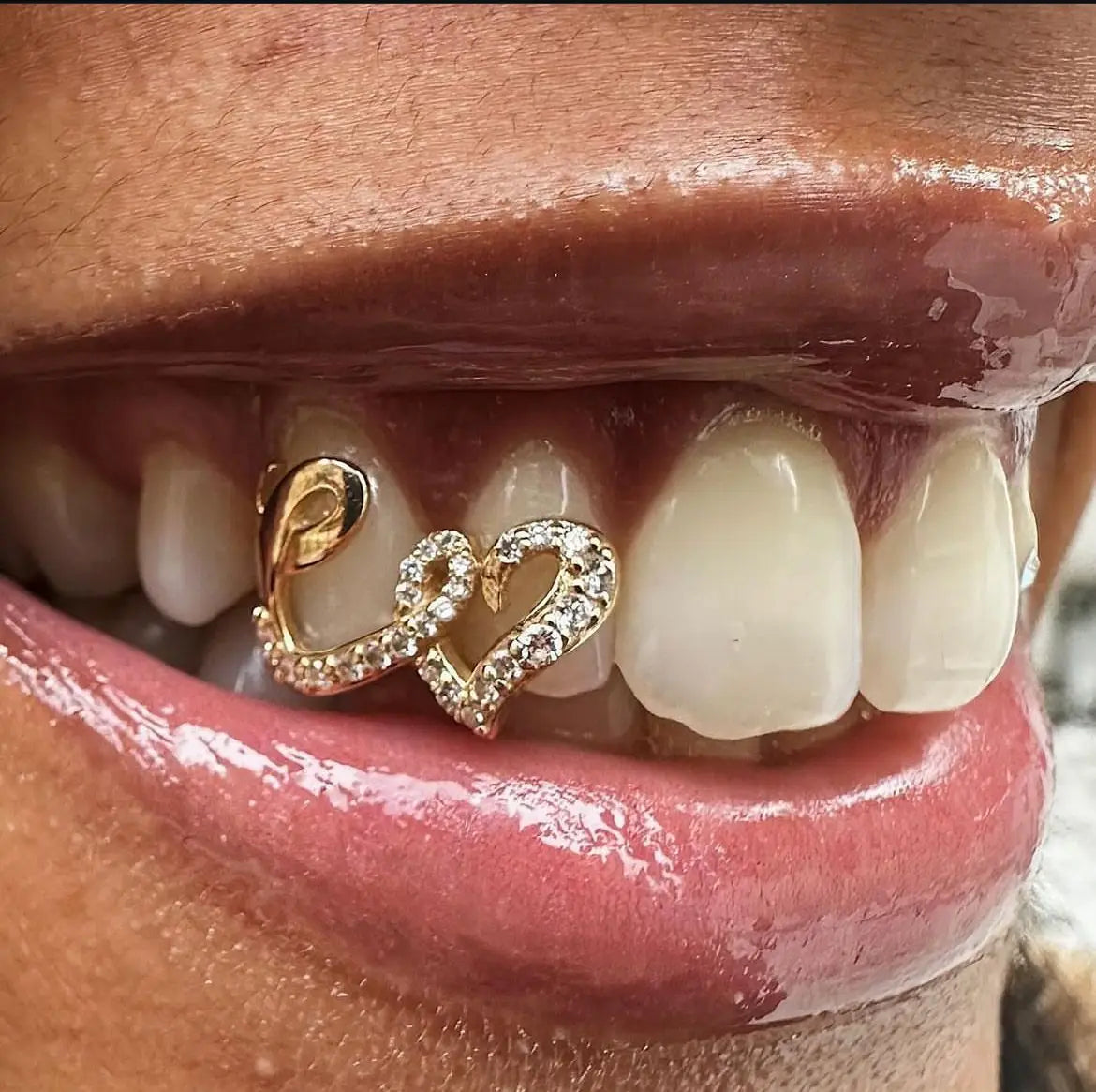 Gold Plated Hip Hop Grills Diamonds Love Symbol Hollow Teeth Caps Set for Men and Women