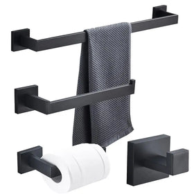 Modern 4-Piece Wall-Mounted Matte Black 304 Stainless Steel Paper Holder & Towel Bar Set for Bathroom Accessories