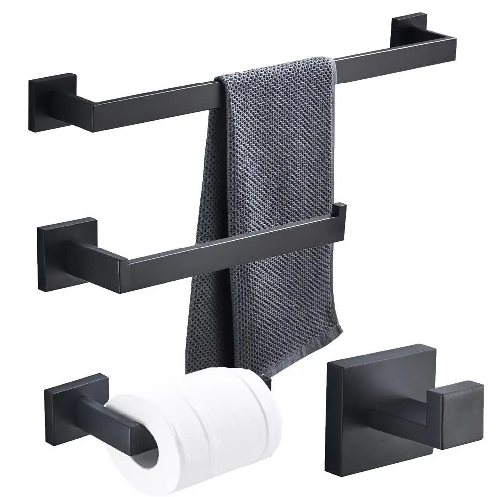 Modern 4-Piece Wall-Mounted Matte Black 304 Stainless Steel Paper Holder & Towel Bar Set for Bathroom Accessories