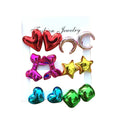 Y2k Hot Colorful Fashion Jewelry Metallic Color Bows Chic Sweet Cool Gift Stars Moon Love Square 6 Pairs/set Stud Earrings Women