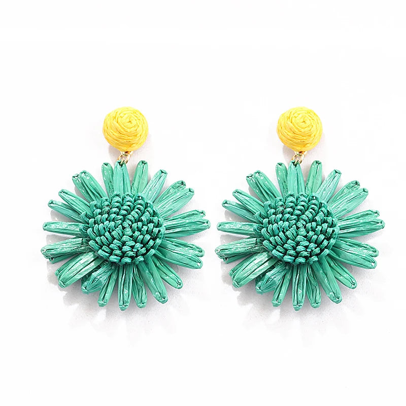 Lovely Fresh Flowers Daisies Raffia Grass Earrings Cute Women's Accessories for Wedding and Party Perfect Gift