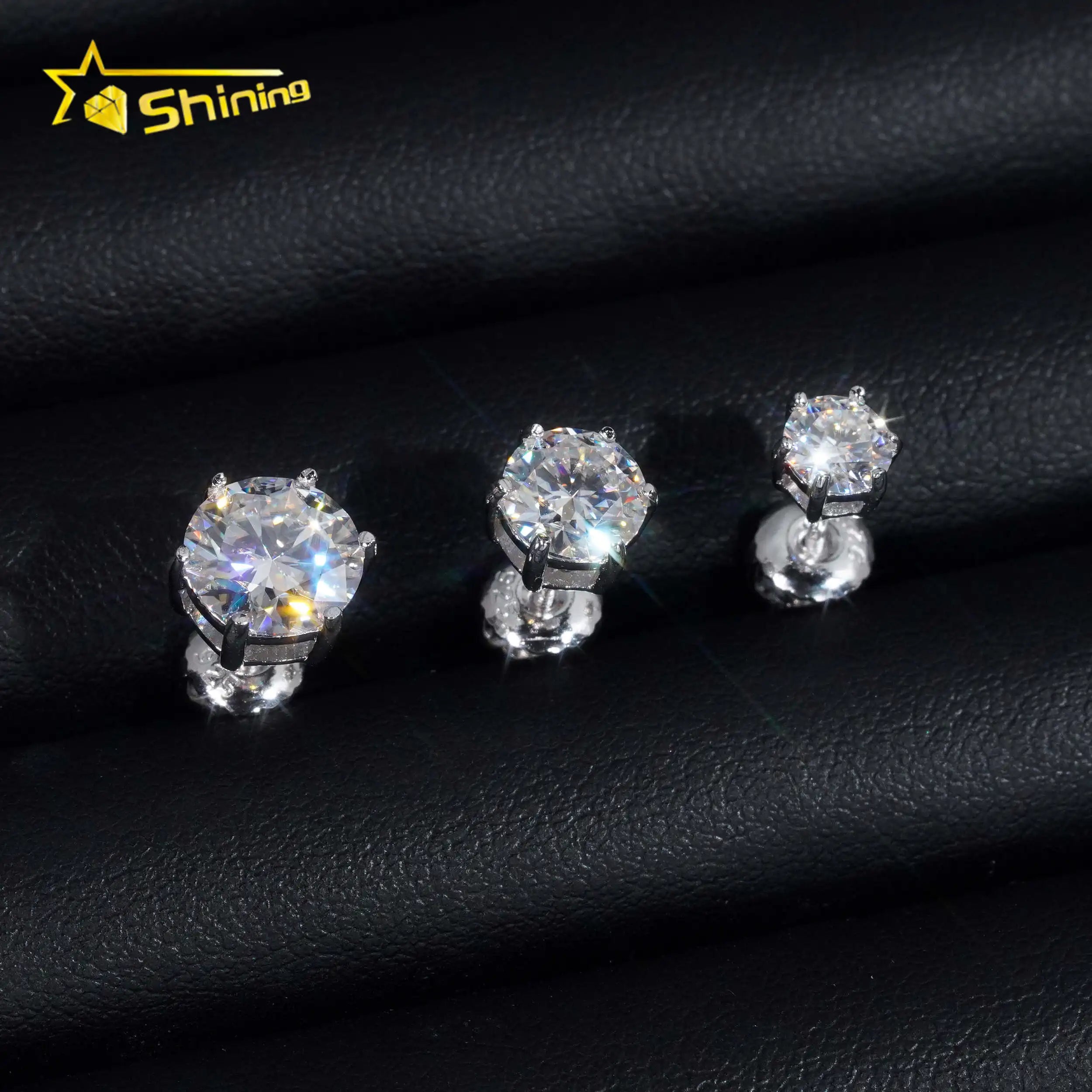 Fine Jewelry Hot Sale 6prongs Stud Earrings 925 Sterling Silver Screw Back Moissanite Diamond  Hip Hop Stud Earrings